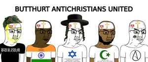 chudjak, 5soyjaks, angry, atheism, beard, blonde hair, blue eyes, brown skin, cap, christianity