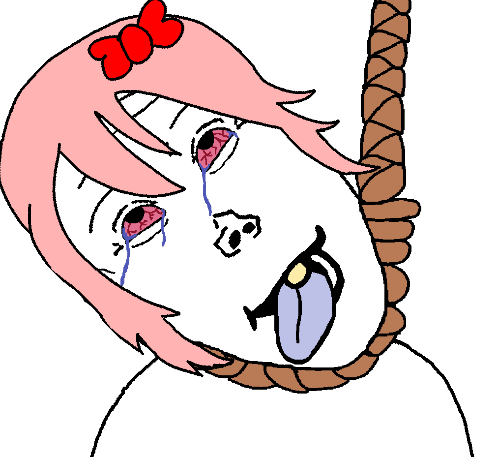 sayori, vlodson, vlod ack, 1soyjak, ack, bloodshot eyes, bow, crying, dead, front view