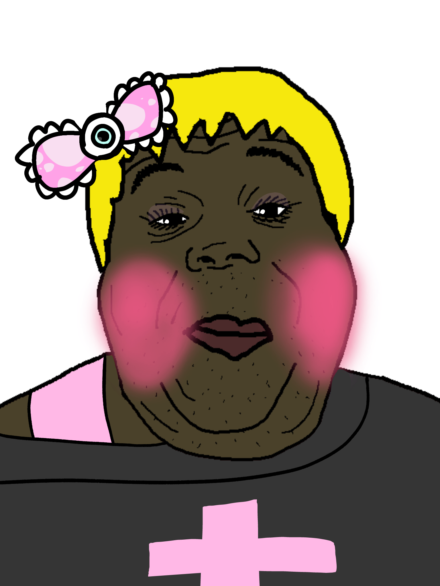 alicia, hunky twink sex machine, hunky twink sex machine, 1soyjak, black eyes, black skin, blonde hair, bow, closed mouth, clothes