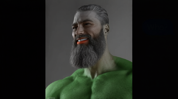 baldi, gigachad, beard, black eyes, buff, gray background, gray hair, hair, half open mouth, lips