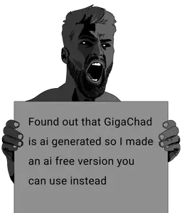 gigachad, black text, ear, gray hair, gray skin, hair, hands, holding object, holding sign, looking to the right