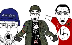 chudjak, shirtjak, two pointing soyjaks, chudjak front, 3soyjaks, adolf hitler, arm, clothes, donetsk, emr pattern