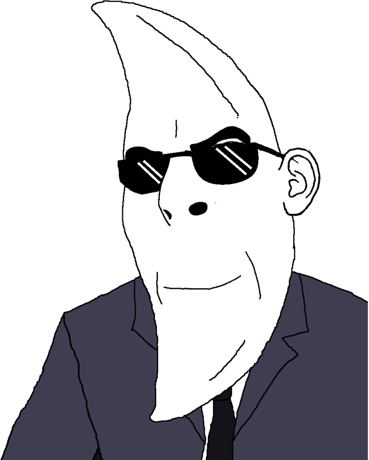 moonman, cobson, 1soyjak, black tie, blue shirt, closed mouth, glasses, looking at you, mac tonight, moon