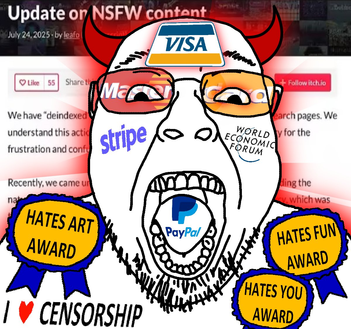 qwarz atarz, bernd, 1soyjak, award, bald, demon, demon horns, eyebrows, front view, glasses