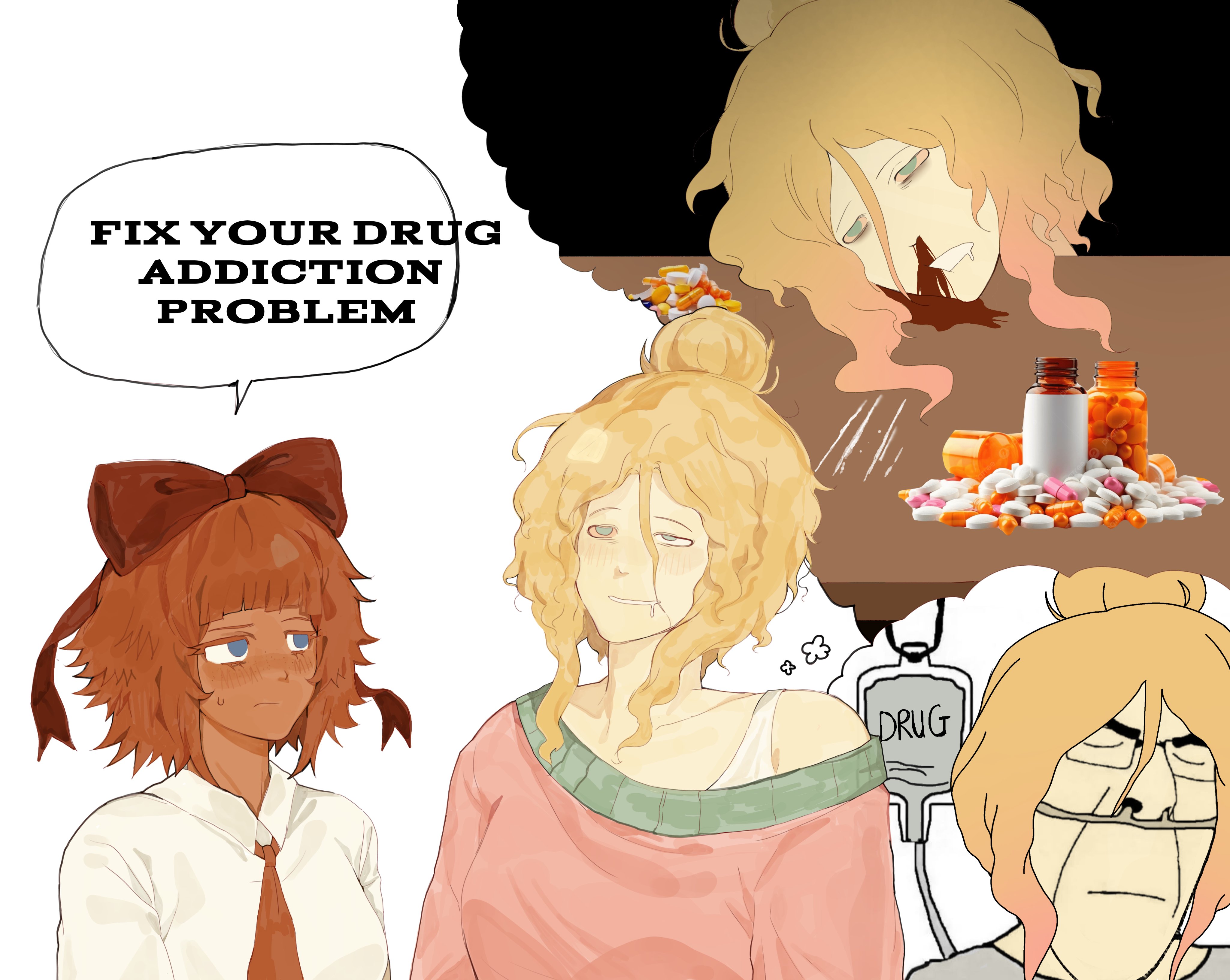 mymy schoppenboer, yfke, cobson, 1soyjak, addiction, blonde hair, blood, bloodshot eyes, blue eyes, bow
