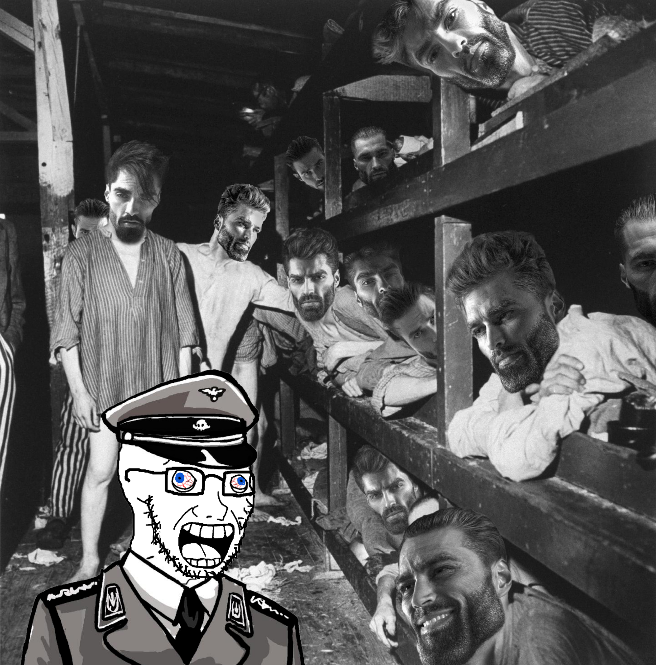 gigachad, soyak, bloodshot eyes, blue eyes, concentration camp, eyes popping, glasses, guard, irl background, judaism