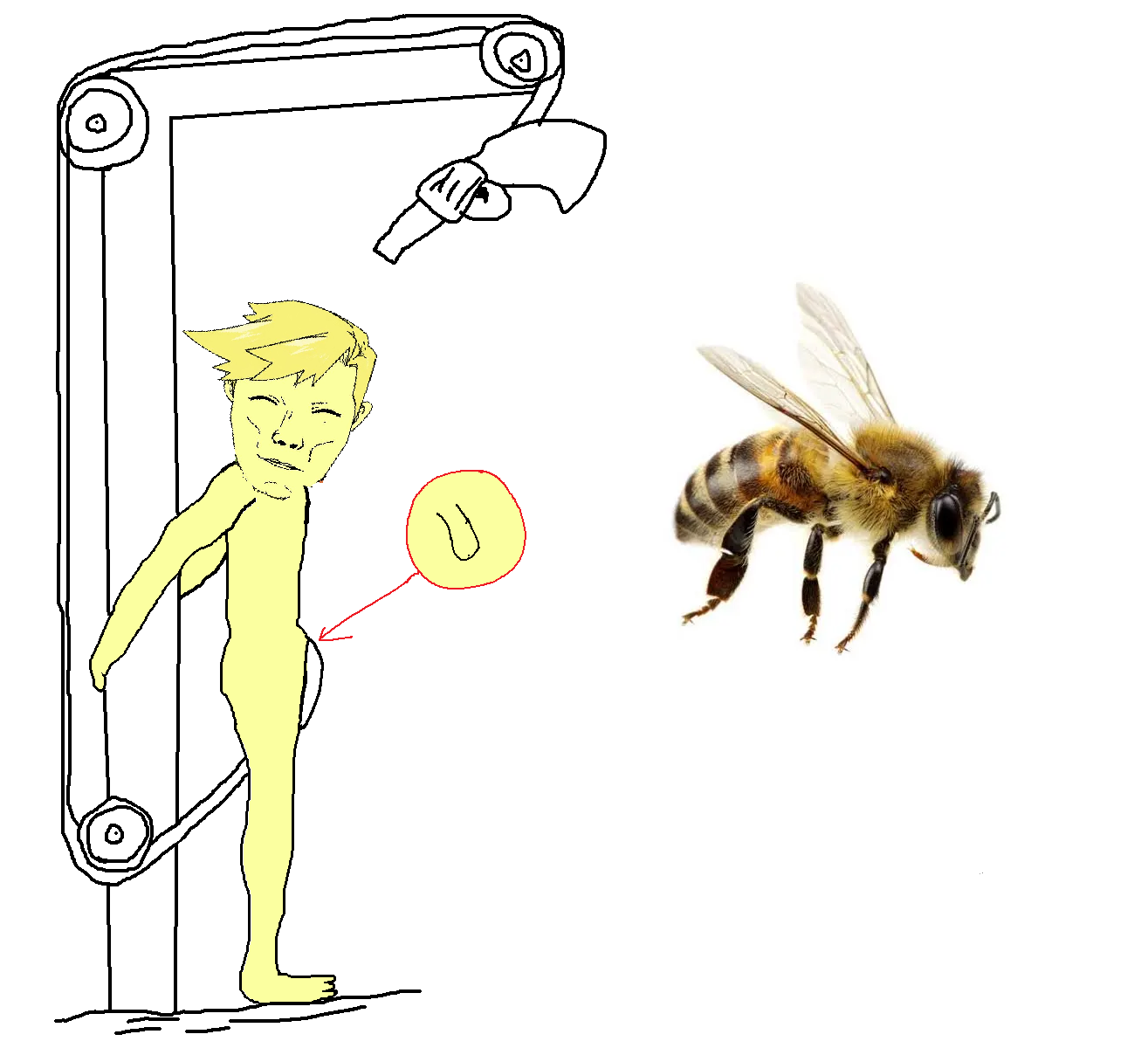 chudjak, chudjak front, muscular chud, gooner-killing machine, animal, bee, bug, closed eyes, execution, gun
