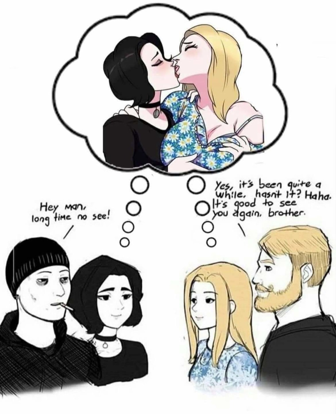 doomer girl wojak, doomer wojak, tradwife wojak, wojak, yes chad, beanie, beard, black eyes, black hair, blonde hair