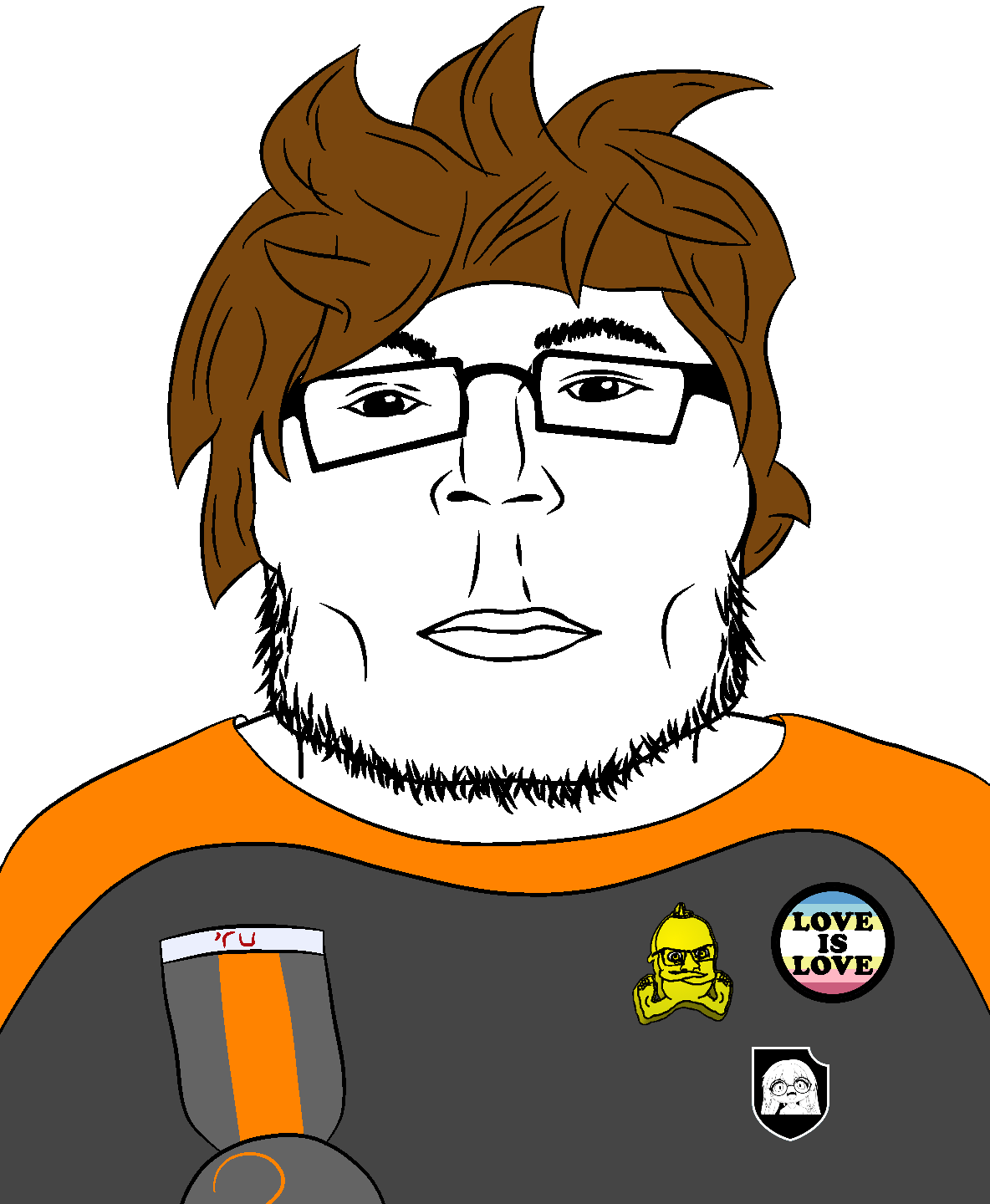 dan, alicia, smuglet, terrence, natejak, 1soyjak, badge, black eyes, brown hair, buff