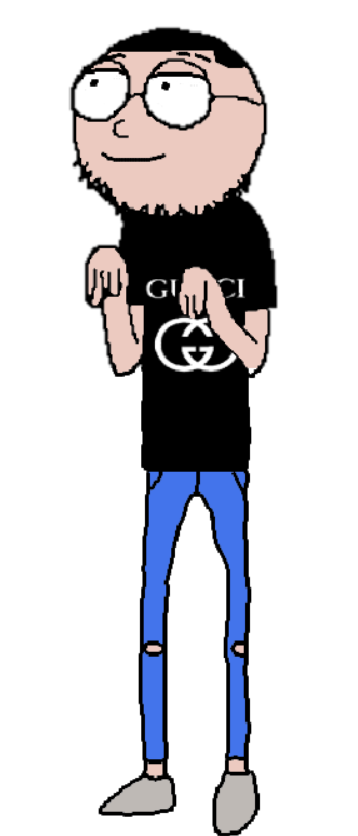 seedsjak, 1soyjak, black hair, closed mouth, full body, glasses, gucci, hair, half closed eyes, looking to the left