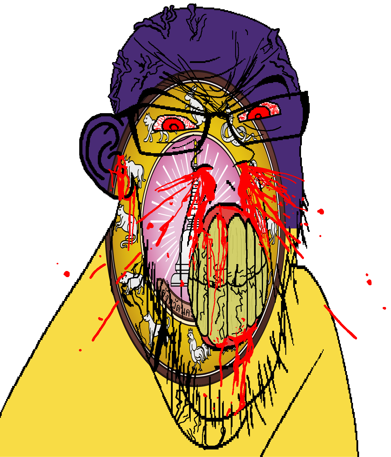feraljak, feralrage, 1soyjak, angry, animal, bald, blood, bloodshot eyes, buddhism, building