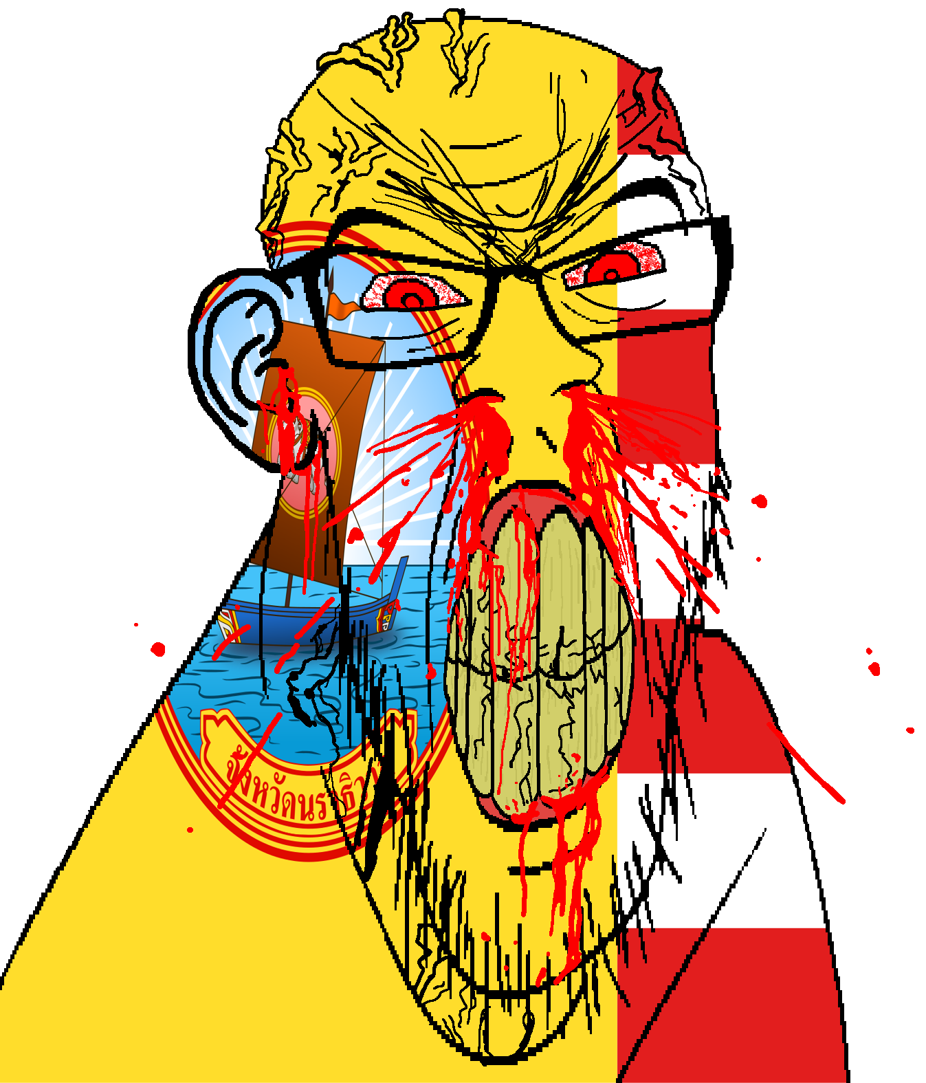 feraljak, feralrage, 1soyjak, angry, animal, bald, blood, bloodshot eyes, boat, clenched teeth