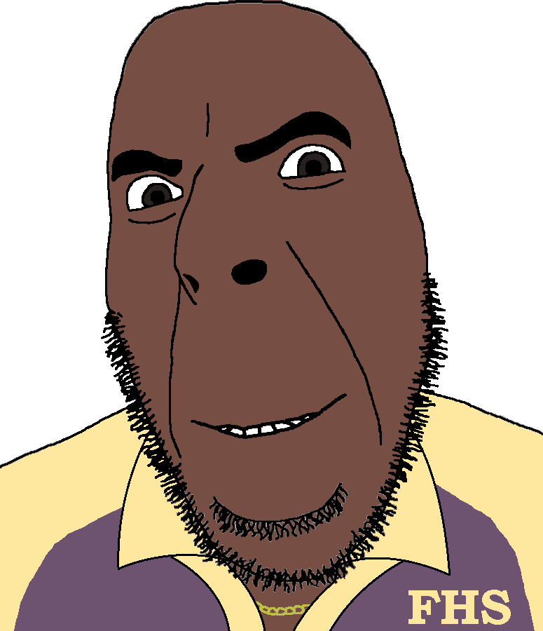 coach (left 4 dead), cobson, 1soyjak, bald, beige shirt, brown eyes, brown skin, chain, collared shirt, eyebrows