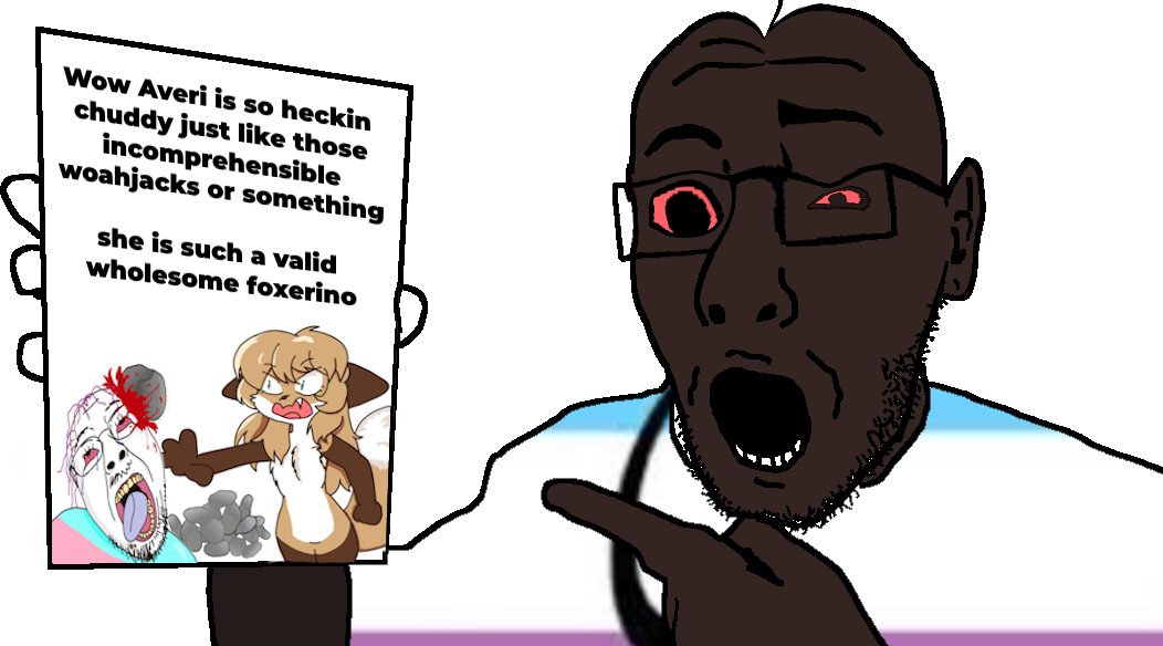 averi, nubookjak, 1soyjak, bald, black eyes, black skin, bloodshot eyes, front view, glasses, looking at you