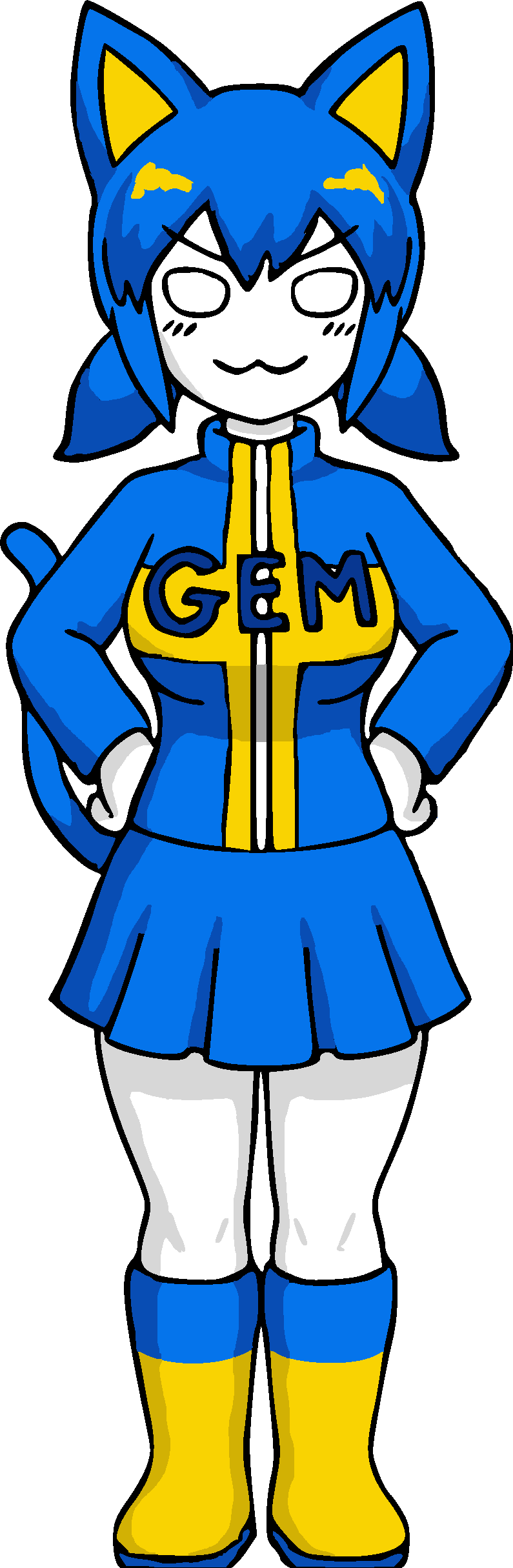 gigachadhero, swemma, tama, :3, angry, big breasts, blue hair, blue shirt, blue skirt, boot