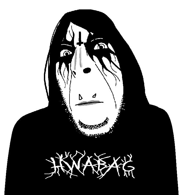 cobson, 1soyjak, black hair, black lips, black shirt, closed mouth, facepaint, fat, goth, hair