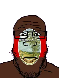 markiplier soyjak, neutralplier, 1soyjak, bamboo, black eyes, closed mouth, cloud, flag, front view, glasses