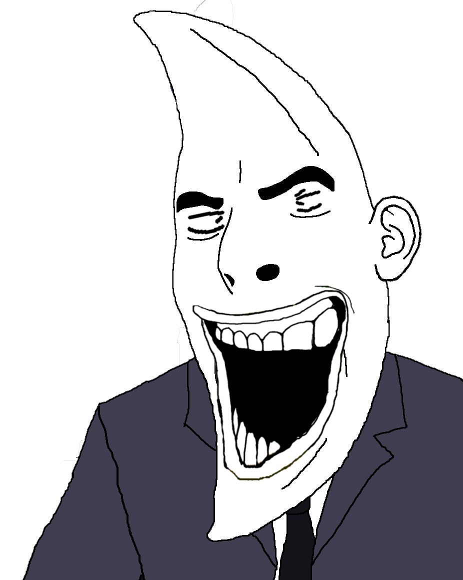 moonman, cobson, 1soyjak, black tie, blue shirt, closed mouth, glasses, laughing, looking at you, mac tonight