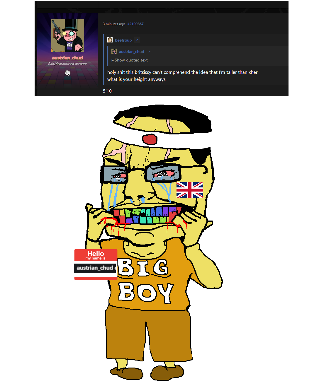 chudjak, 1soyjak, angry, big boy, blood, blue glasses, crying, frown, full body, glasses