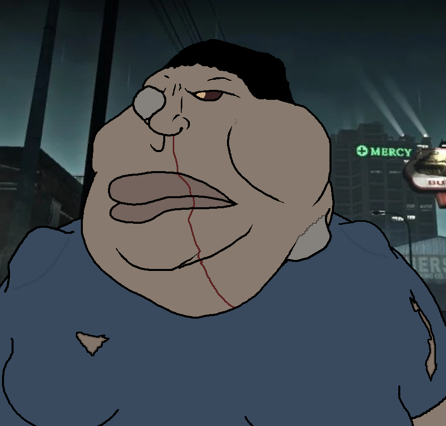 tacoblimp, 1soyjak, black hair, blue shirt, bowl cut, closed mouth, fat, front view, frown, green skin