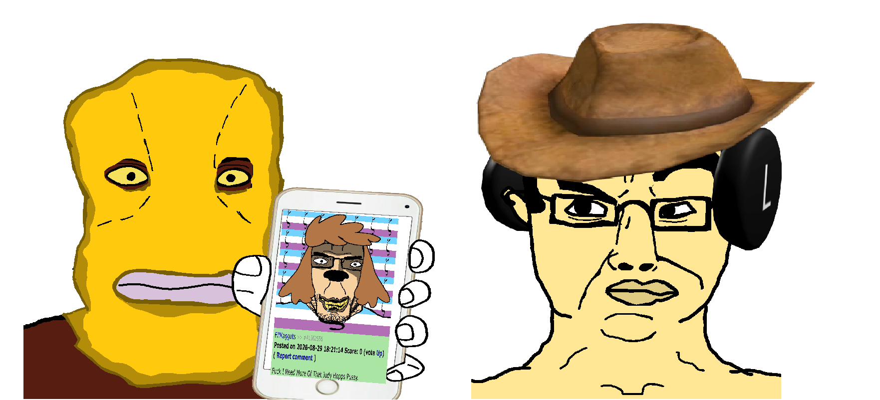 chudjak, markiplier soyjak, chudjak front, chudplier, 2soyjaks, balaclava, brown skin, confused, cowboy hat, headphones