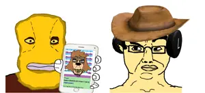 chudjak, markiplier soyjak, chudjak front, chudplier, 2soyjaks, balaclava, brown skin, confused, cowboy hat, headphones