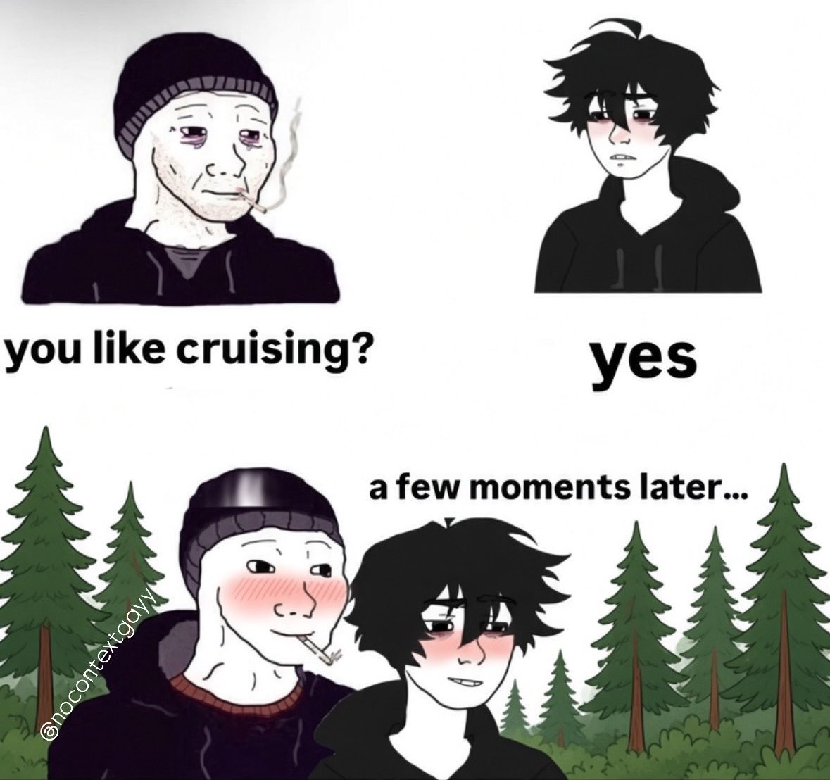doomer wojak, wojak, 2nas, bald, black hair, blush, cigarette, comic, doomer, eyebags