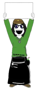 280143 - soybooru.com - 1soyjak black_hair blue_eyes clothes commietan communiaryan communism front_view full_body glasses green_shirt hair hammer_and_sickle hat holding_object holding_sign .png