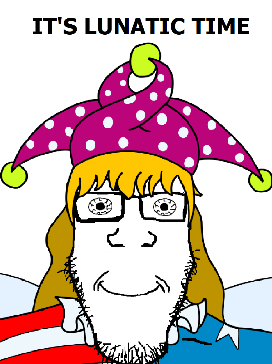 clownpiece, markiplier soyjak, its over, anime, blonde hair, bloodshot eyes, closed mouth, clothes, clown, crazed