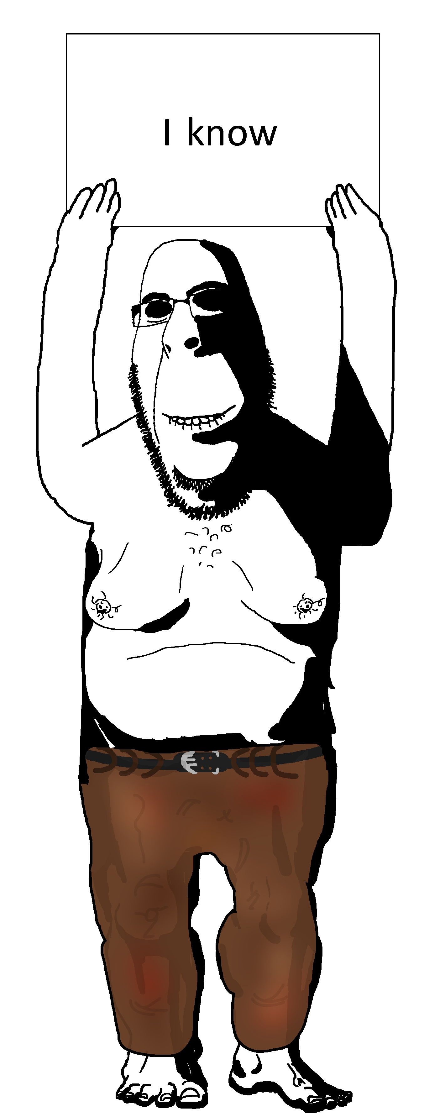 rapeson, cobson, hornyson, rapeson, 1soyjak, arm, bald, belt, biting lip, black eyes