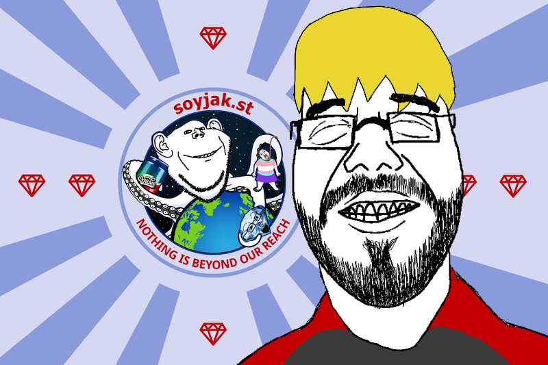 bernd, bukelejak, impish soyak ears, natejak, 3soyjaks, beard, black and red shirt, blonde hair, bukele, closed eyes