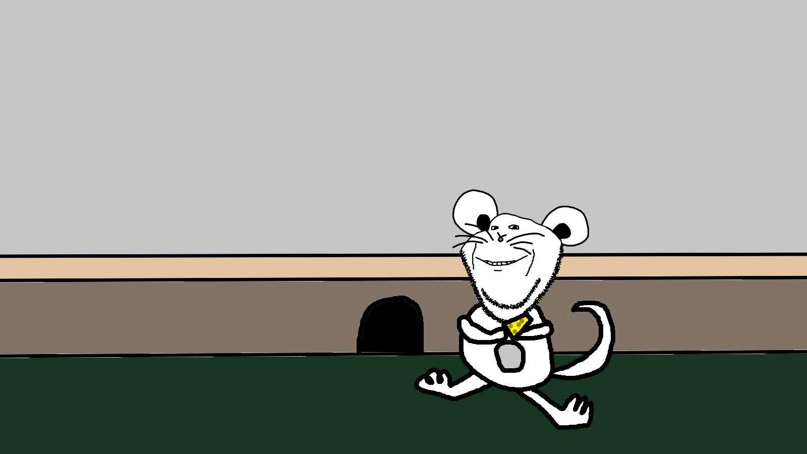 impish soyak ears, 1soyjak, animal, black eyes, cheese, drawn background, food, full body, half open mouth, house