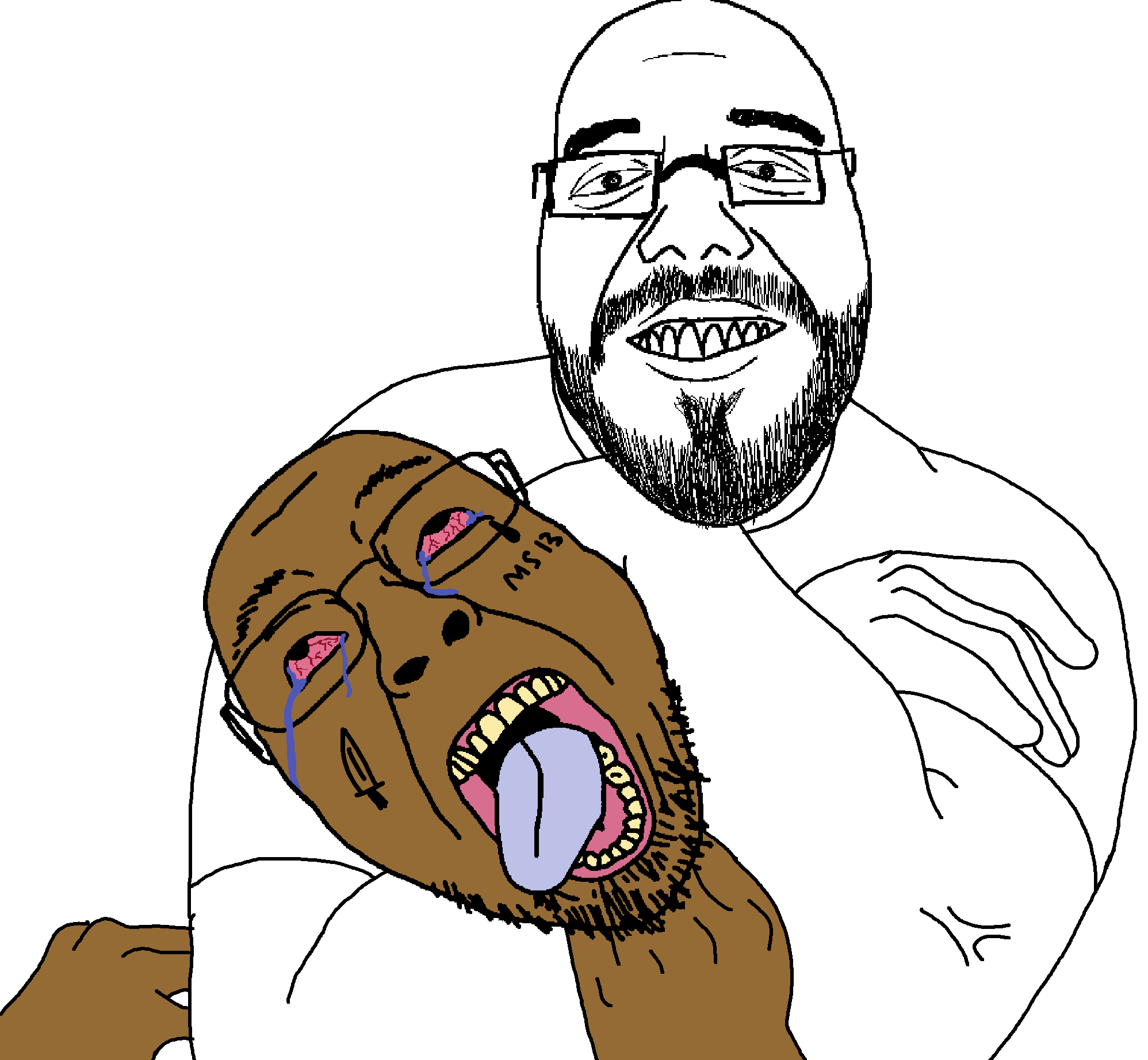 bernd, bukelejak, the weak should fear the strong, 2soyjaks, arms, bald, beard, black eyes, blue tongue, brown skin