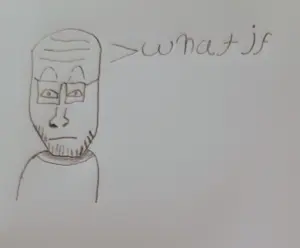 markiplier soyjak, neutralplier, 1soyjak, bald, black eyes, closed mouth, glasses, half body, hand drawn, looking at you