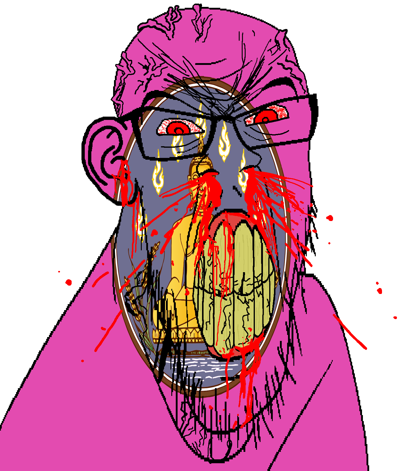 feraljak, feralrage, 1soyjak, angry, arm, bald, blood, bloodshot eyes, buddha, clenched teeth
