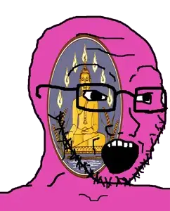 markiplier soyjak, neutralplier, 1soyjak, arm, black eyes, buddha, closed eyes, closed mouth, ear, fire