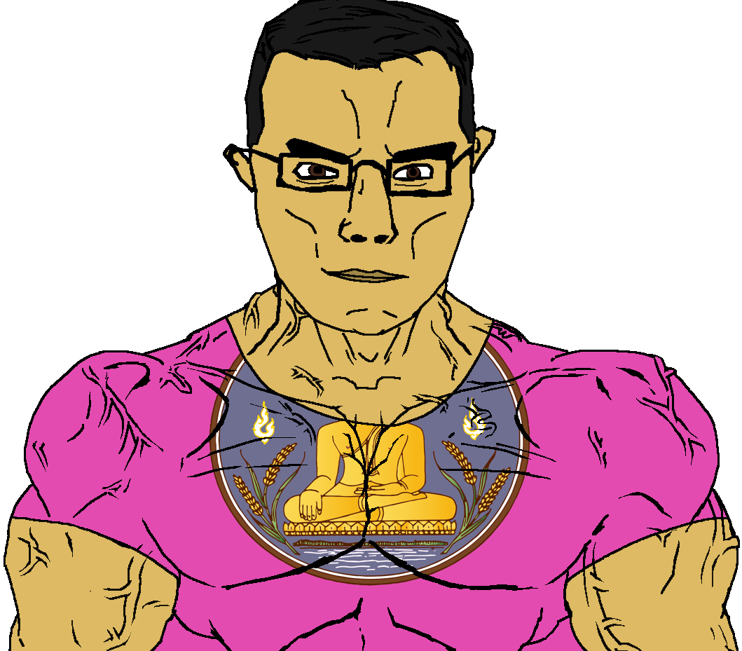 chudjak, chudjak front, muscular chud, 1soyjak, arm, brown eyes, brown skin, buddha, buff, closed eyes