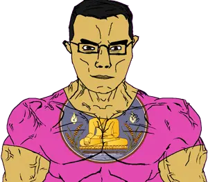 chudjak, chudjak front, muscular chud, 1soyjak, arm, brown eyes, brown skin, buddha, buff, closed eyes