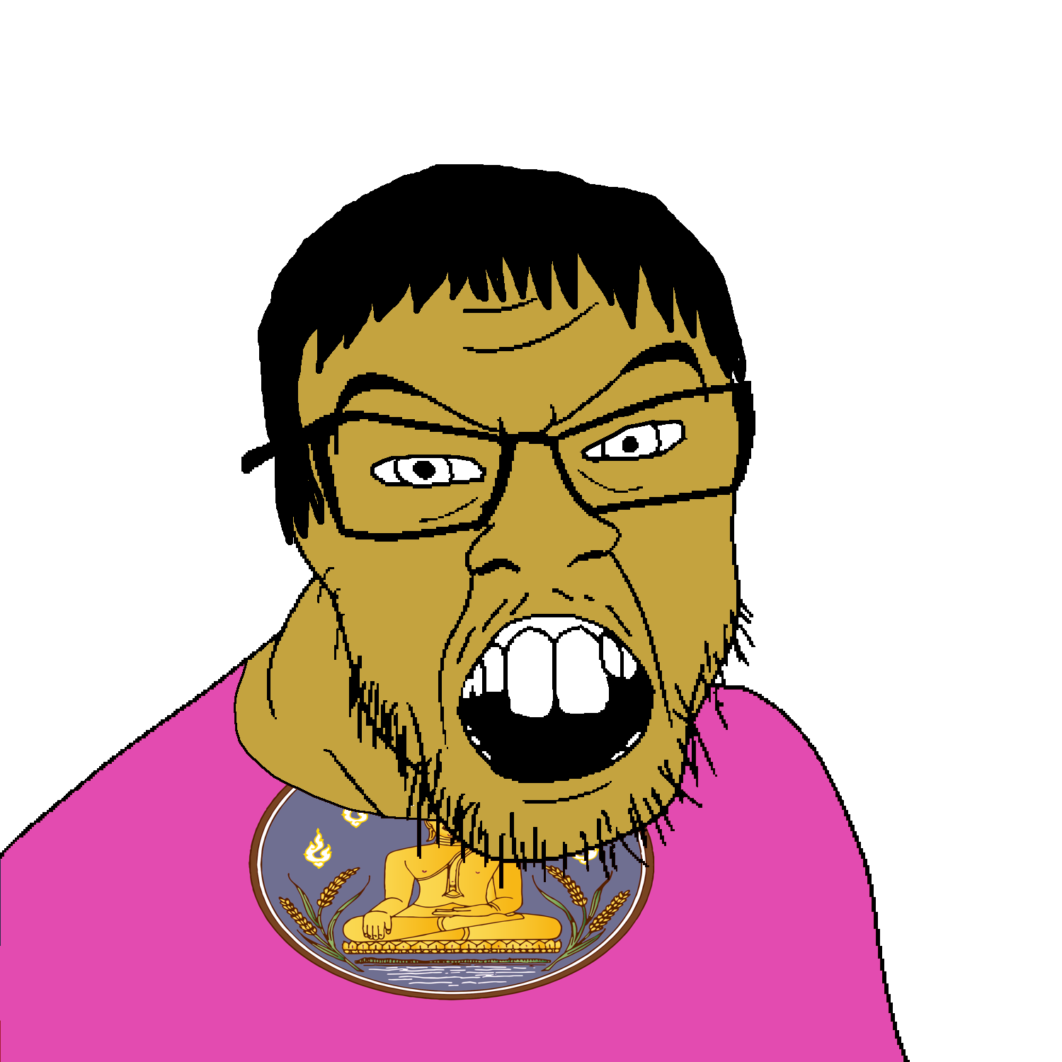 feraljak, 1soyjak, arm, black hair, brown skin, buddha, closed eyes, closed mouth, clothes, ear