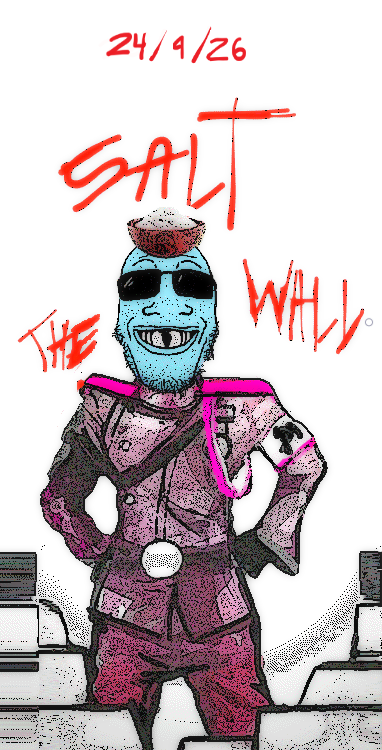 romanian schizo, markiplier soyjak, grinlook poggers, 1soyjak, bald, belt, blue skin, brick wall, dictator, fascism