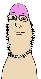 thumboob, black eyes, closed mouth, crying, front view, glasses, looking at you, neutral, open eyes, penis