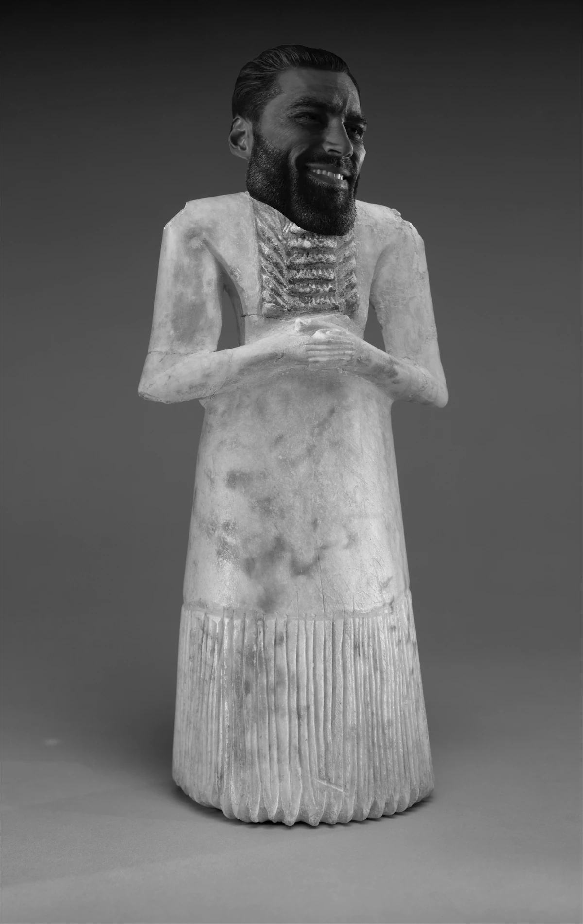 gigachad, anatolia, beard, black eyes, black hair, ea-nasir, full body, gray background, gray skin, hair