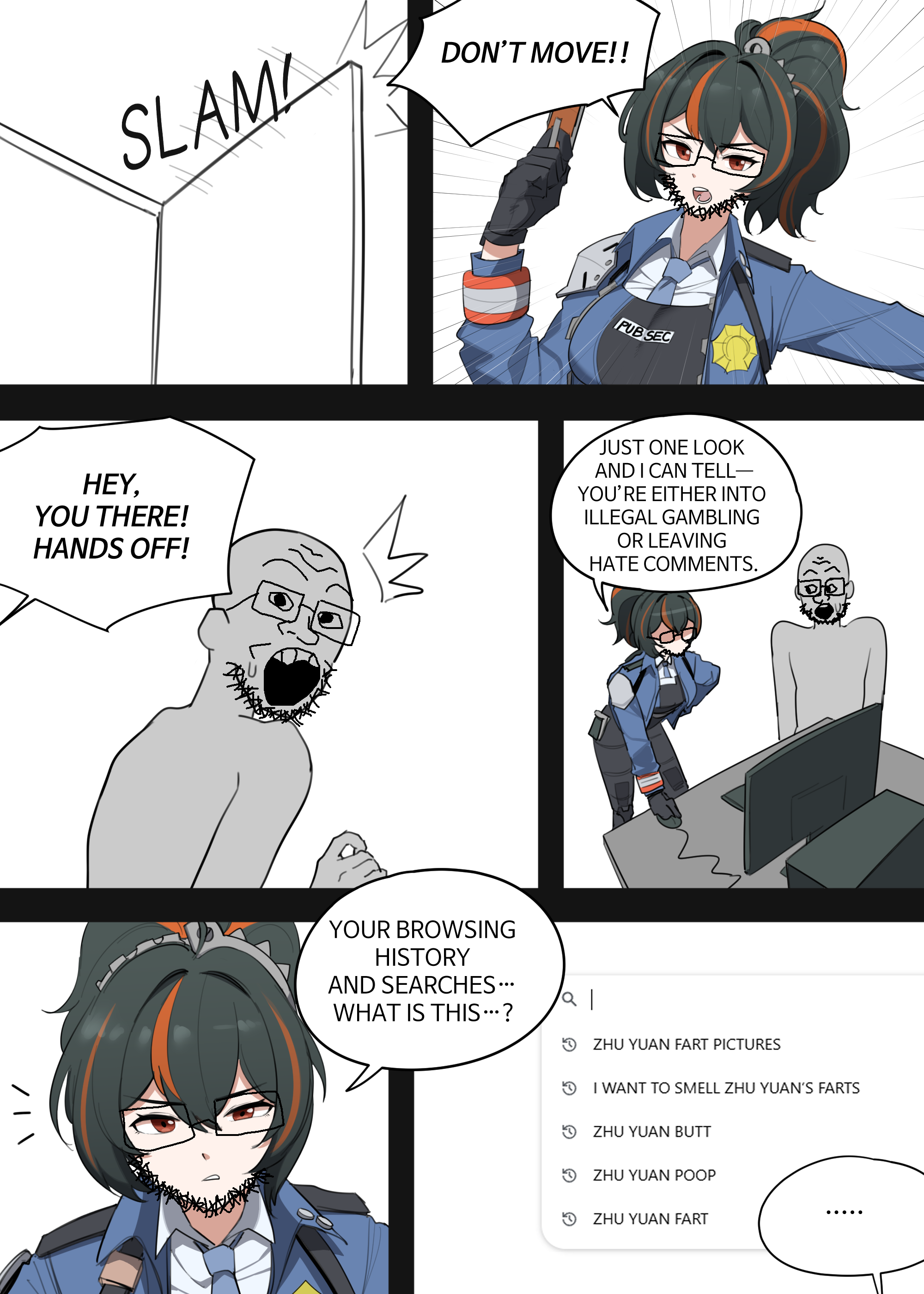 chud robot, soyak, unknown, anime, bald, black hair, browser, comic, computer, door