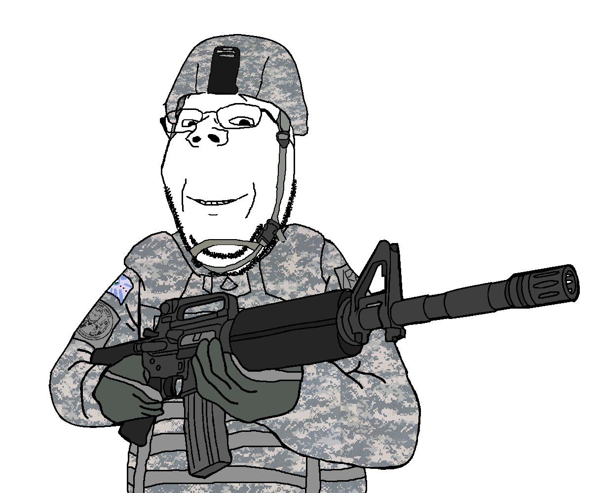 gapejak, impish soyak ears, wholesome soyjak, /raid/, advanced combat helmet, assault rifle, bulletproof vest, camo, camouflage, clothes