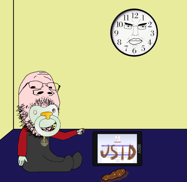 gapejak, babyjak, babyjak, natejak, 1soyjak, bald, black eyes, caca, clock, closed mouth