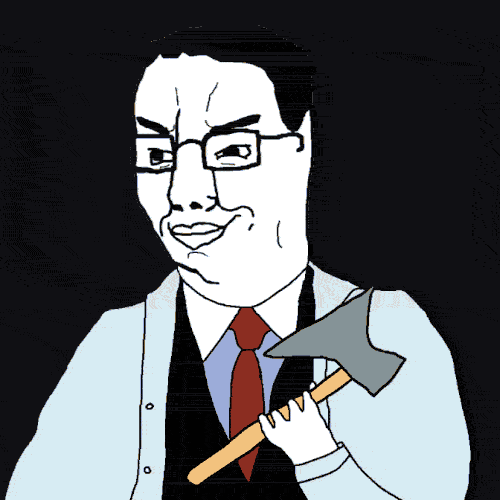 patrick bateman, chudjak, 1soyjak, 3dgifmaker, black background, black hair, closed mouth, clothes, glasses, hair