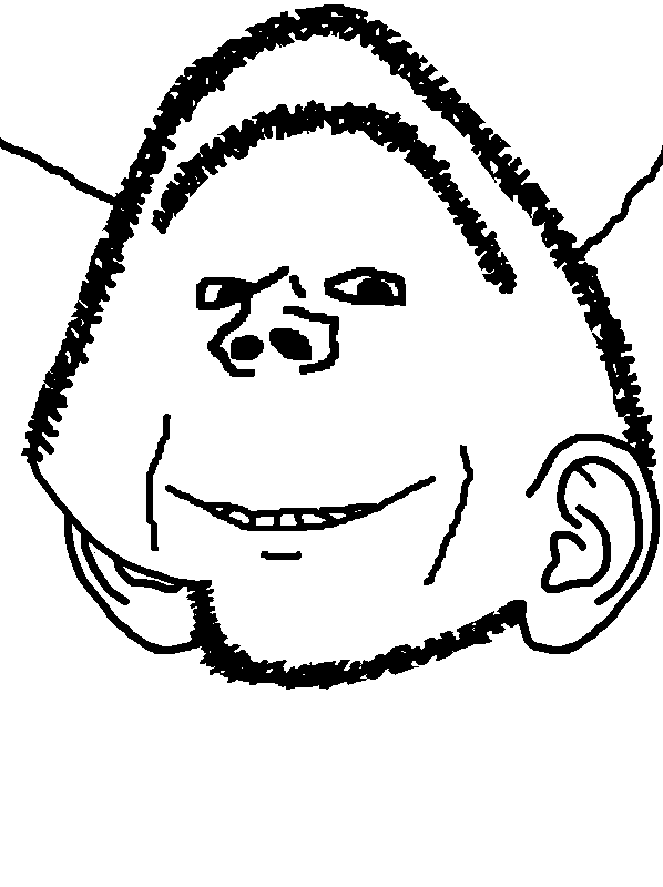 impish soyak ears, 1soyjak, black hair, ear, eyebrows, hair, half open mouth, looking at you, monochrome, no glasses