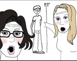 doomer girl wojak, wojak, two pointing soyjaks, 2soyjaks, arm, blush, female, glasses, hair, hands