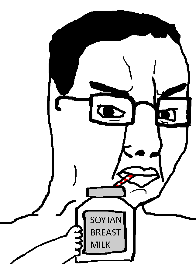 soytan, chudjak, 1soyjak, angry, arm, black hair, breast milk, closed mouth, drink, drinking