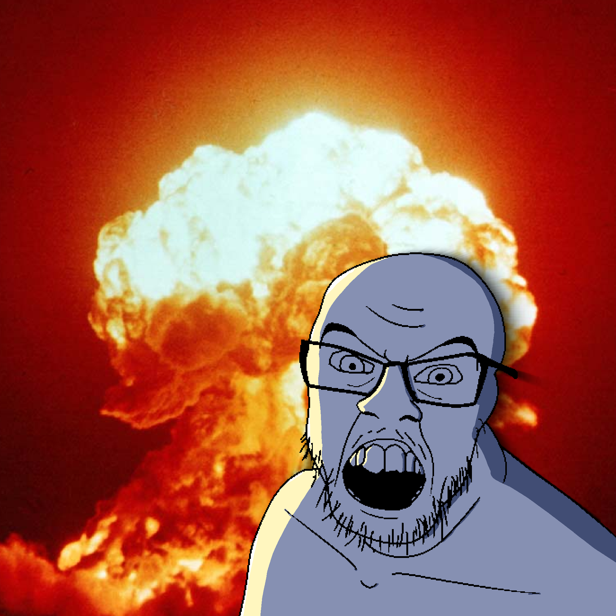 feraljak, 1soyjak, angry, black eyes, bomb, glasses, looking at you, mad, nuke, open mouth